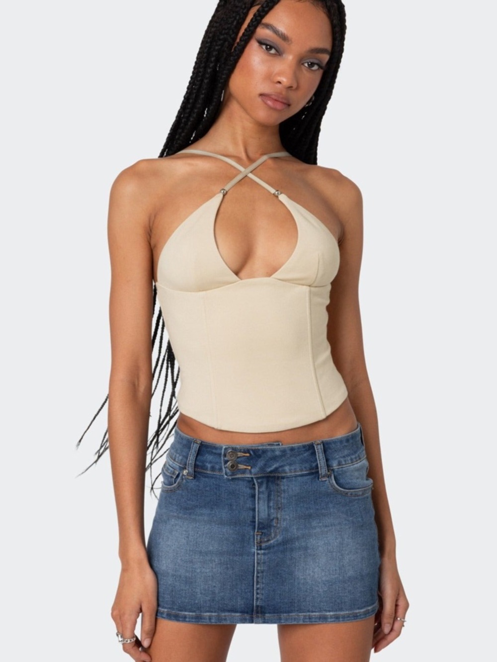 Edikted Lou Crossover Beaded Corset - Beige (XS)